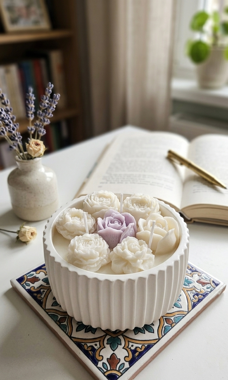 Lumânare Florală în Vas Ceramic